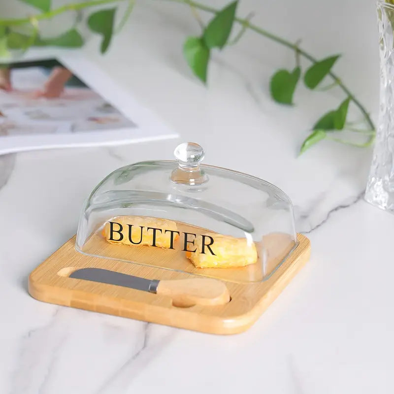 Beurrier avec couvercle en verre et plateau en bambou