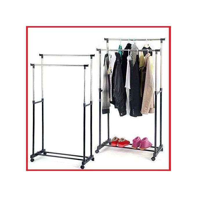 Rack de rangement à double poteau télescopique pour vêtements.