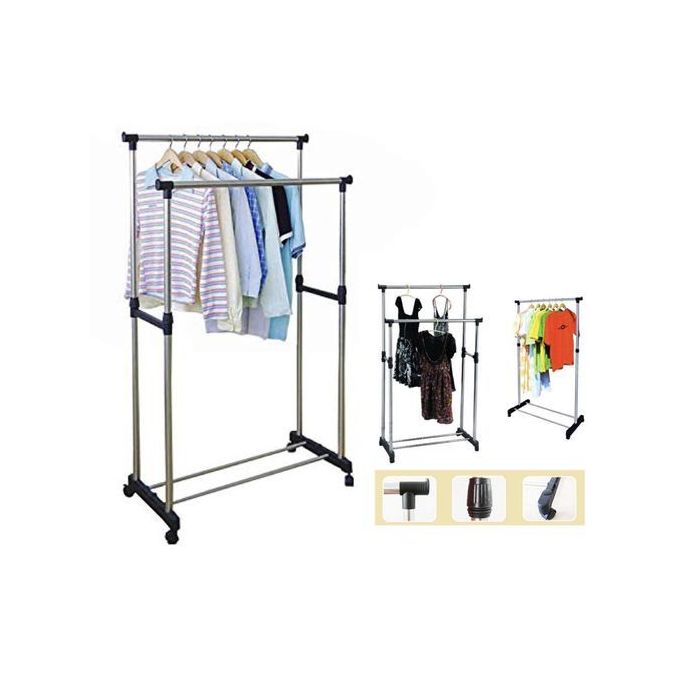 Rack de rangement à double poteau télescopique pour vêtements.