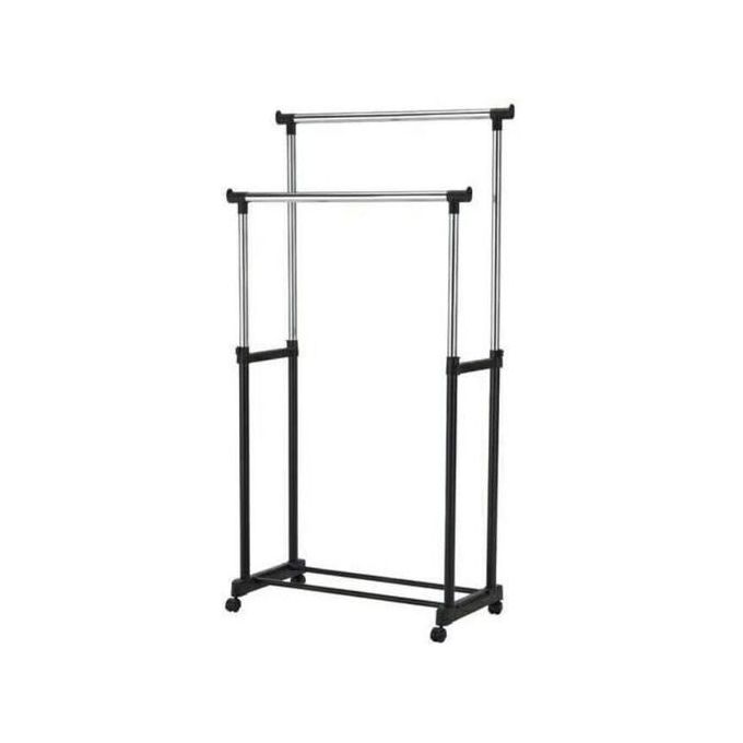 Rack de rangement à double poteau télescopique pour vêtements.